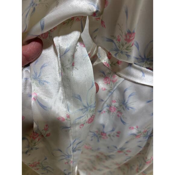Vintage Kathryn Satin Floral Robe 
 Medium Ivory Pink Blue Silky Lounge Kimono - Picture 4 of 10